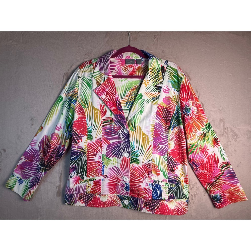 Chico's Tropical Floral Blazer Jacket Womens 3 XL Multicolor Cotton Stretch Palm
